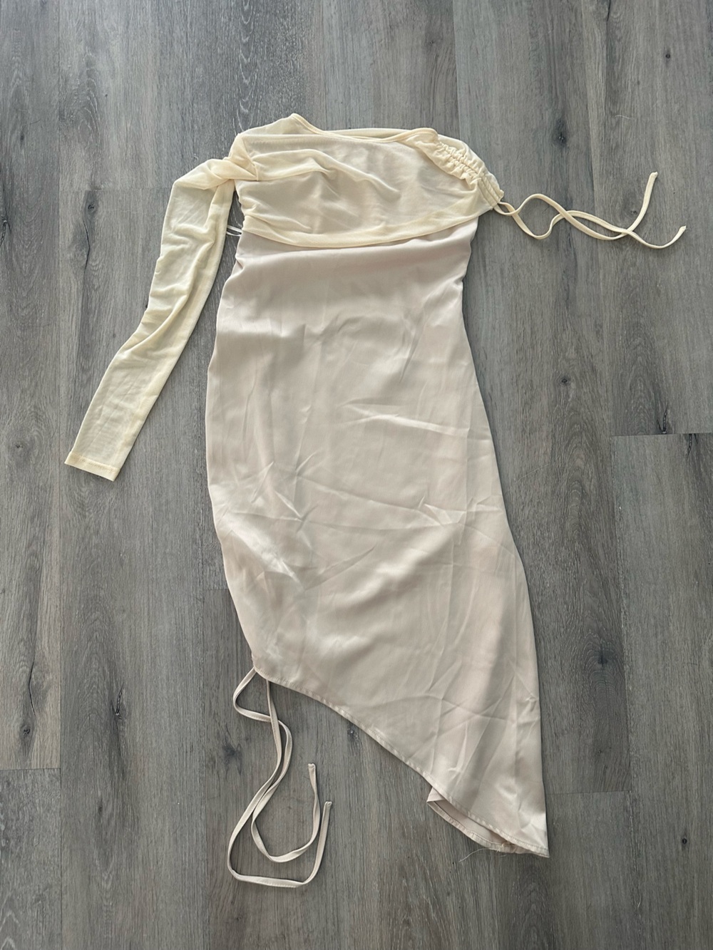 Boohoo Cream Asymmetric Satin Slip Dress, one shoulder